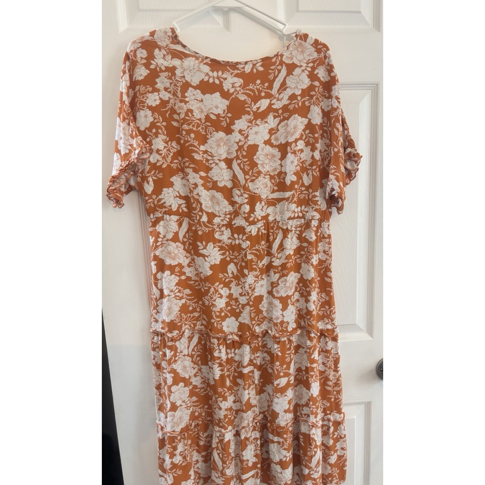 Floral Midi Dress M White Burnt Orange Boho Tiered V Neck Short Sleeve Tie Waist - Picture 5 of 11